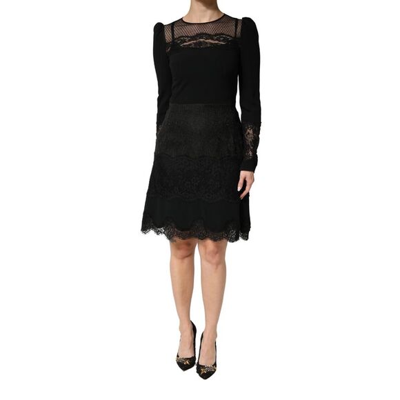 Dolce & Gabbana Black Lace Sheer Panel Midi Long SleeveWomen's Dress